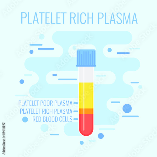 Test tube filled with blood for PRP procedure on blue background. Platelet rich plasma blood test tube icon. Laboratory centrifuge test tube with blood plasma. Medical concept. Vector illustration.

