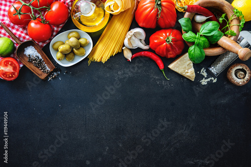 Canvas Print Italian food ingredients on slate background