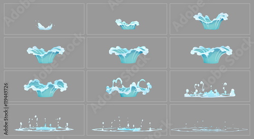 Dripping water special effect fx animation frames sprite sheet. Clear water drop burst frames for flash animation in games, video and cartoon. photo