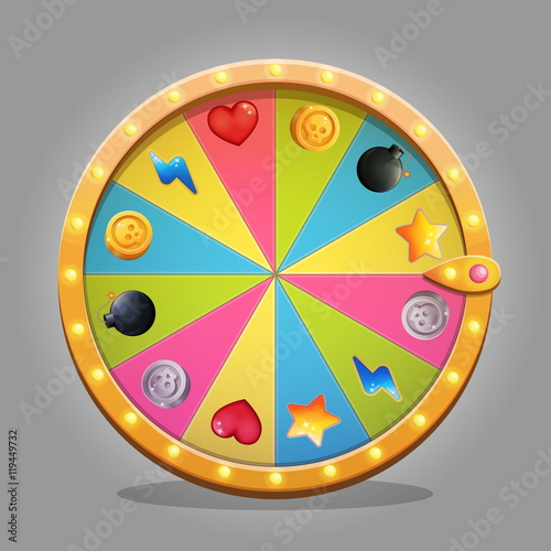 Shiny wheel of fortune design element for game ui and graphic design. A set of icons with gifts is included in a set. Sparkling lamps and multicolored wheeel board.