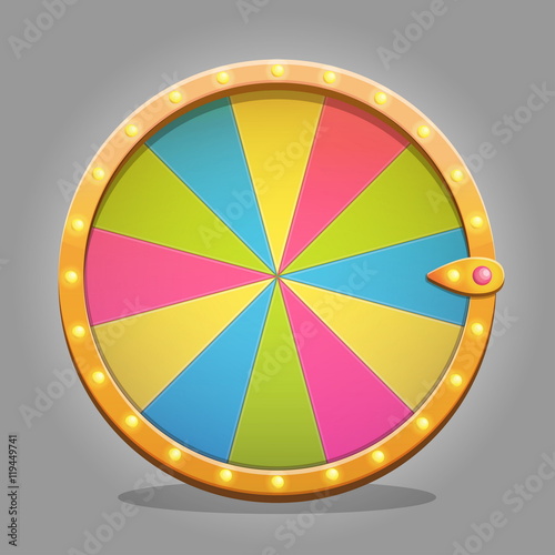 Shiny wheel of fortune design element for game ui and graphic design. Sparkling lamps and multicolored wheeel board.