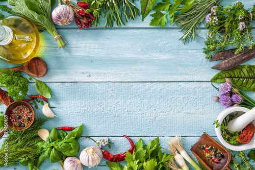 fresh herbs and spices on wooden table