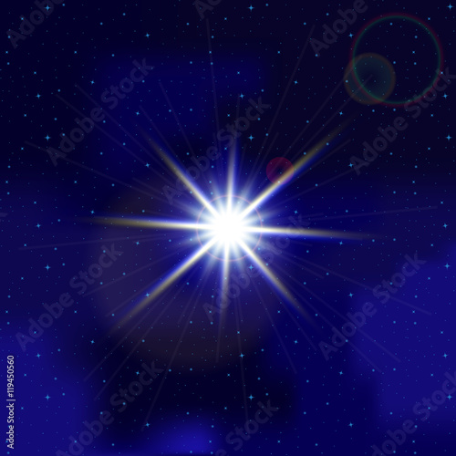 Bright flash with glowing rays and optical flare  the sun or star. Template for design of websites  printing on paper