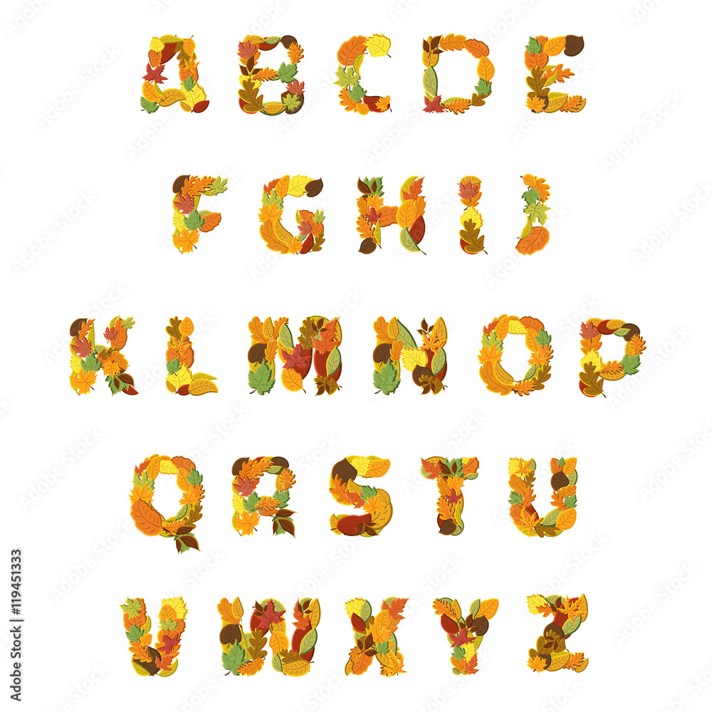 Autumn Leaves font. Vector illustration.