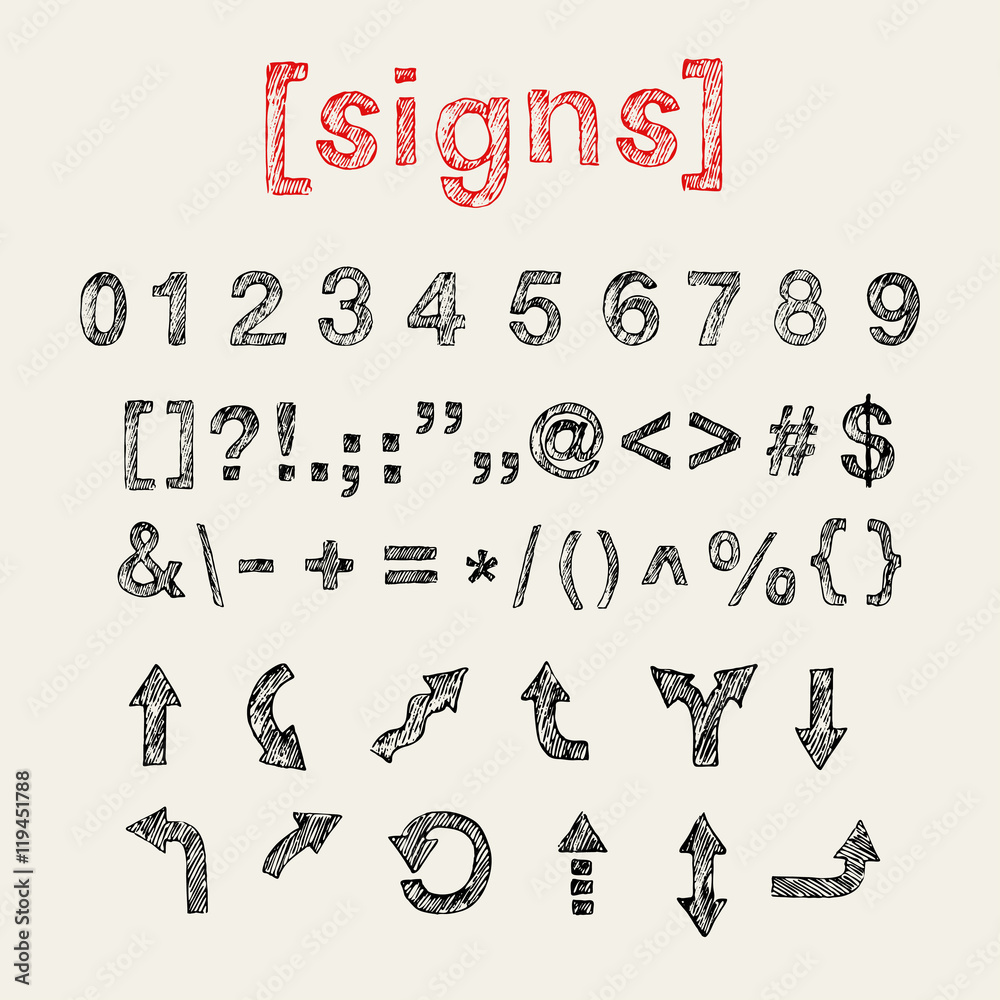 Hand drawn doodlw numbers, math signs and punctuation marks