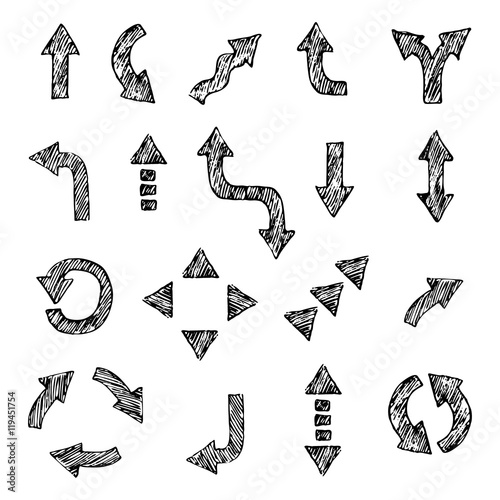 Hand drawn ink scribble doodle arrow set.