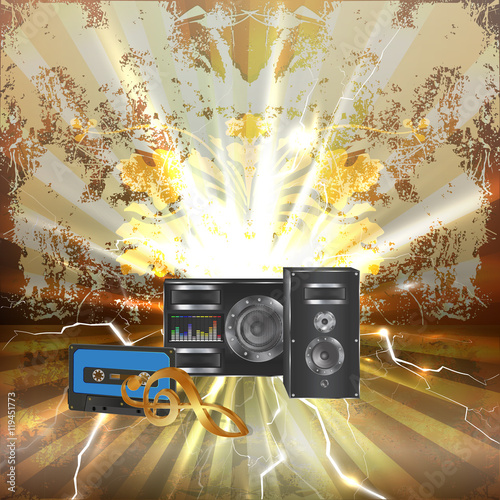 musical background with audiocassette and speaker