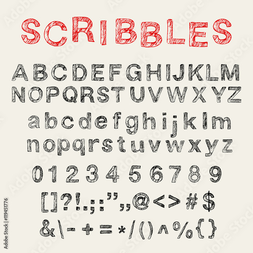 Hand drawn english uppercase and lowercase, numbers and signs.