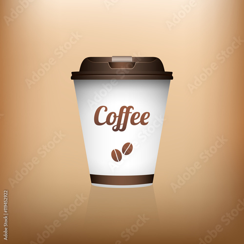 Realistic coffee cup on brown background, vector illustration