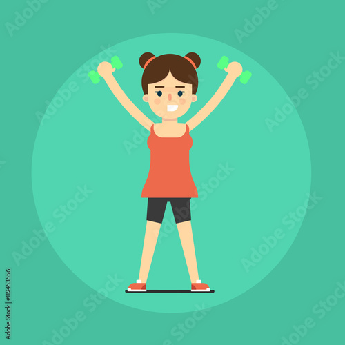 Smiling young girl doing exercises with dumbbells, vector illustration in flat style. Healthy lifestyle. Fitness people. Workout and gymnastics. Cartoon character isolated on blue background.