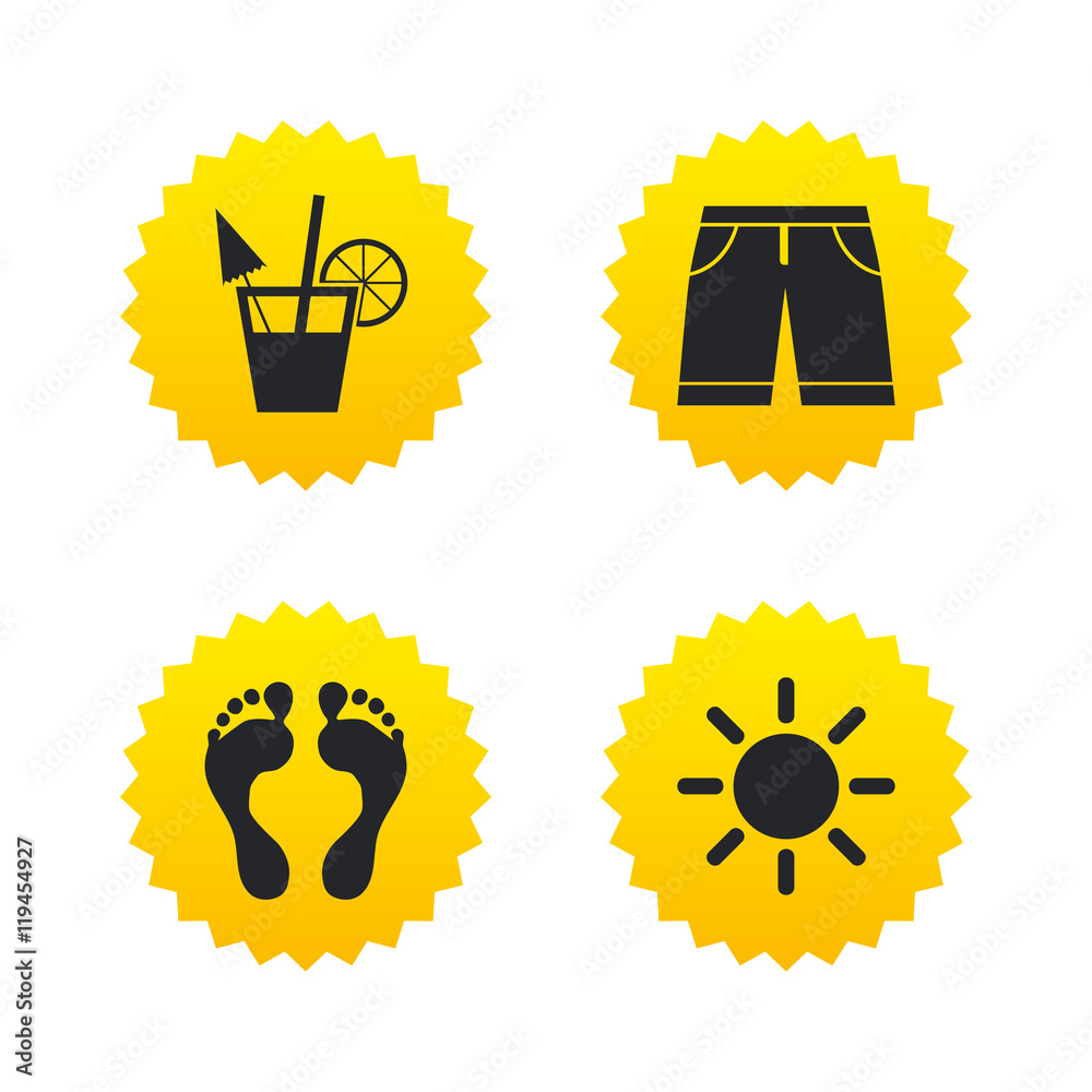Beach holidays icons. Cocktail, human footprints Beach holidays icons. Cocktail, human footprints