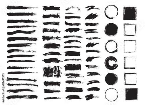 Set of hand drawn brushes and design elements. black paint, ink brush strokes. Grunge circle, square. Artistic creative shapes. Vector illustration. photo