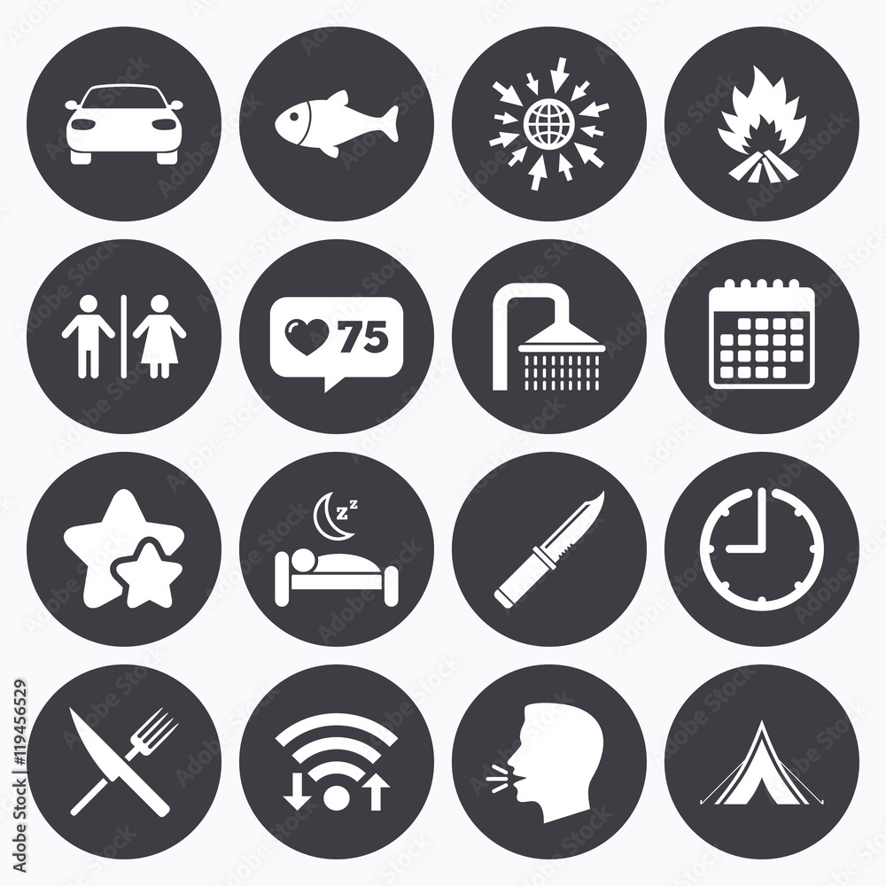 Hiking travel icons. Camping, shower and toilet.