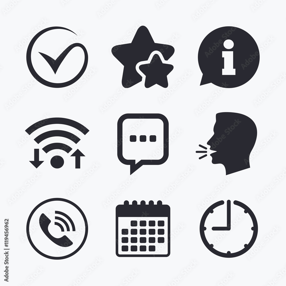 Check or Tick. Phone call and Information sign. Check or Tick. Phone call and Information sign.