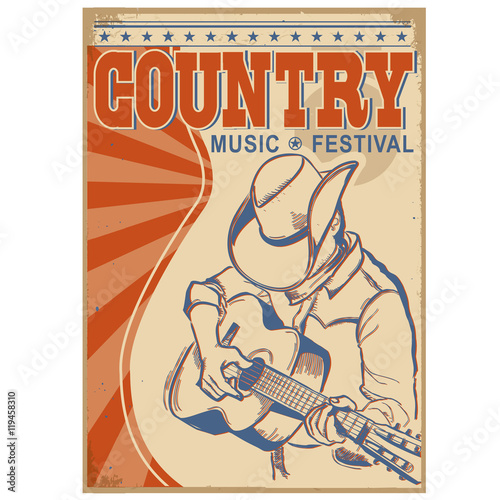 Country music background with text.Musician in cowboy hat  playi