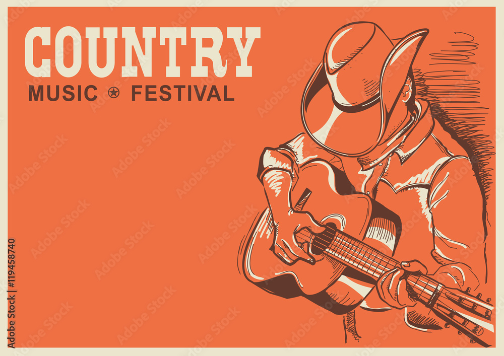 American country music festival poster with musician playing gui - obrazy, fototapety, plakaty 