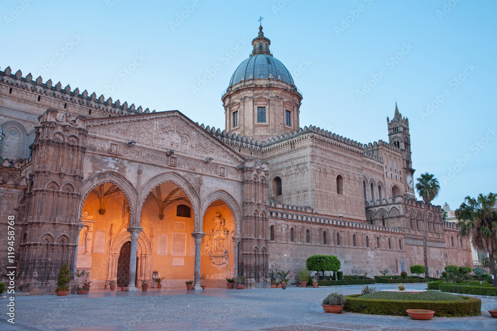 Palermo - South portal of Cathedral or Duomo at dusk
