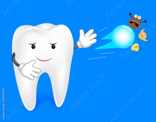 Tooth anti-bacterial. Great for health dental care concept. Teeth attack bacteria, illustration isolated on blue background.