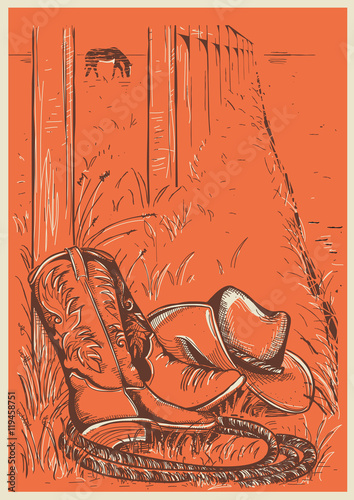 American Ranch with cowboy boots and hat.