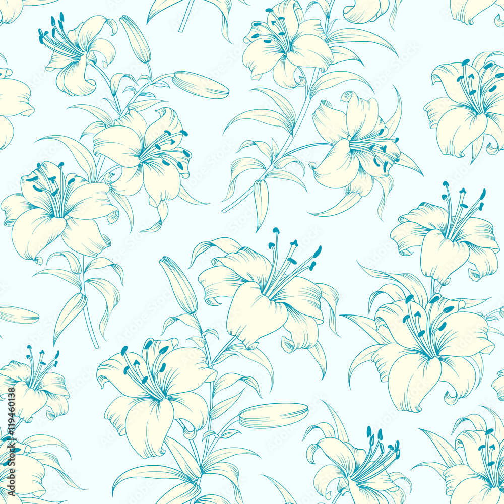 Lily flower seamless pattern with white lilies over blue background ...