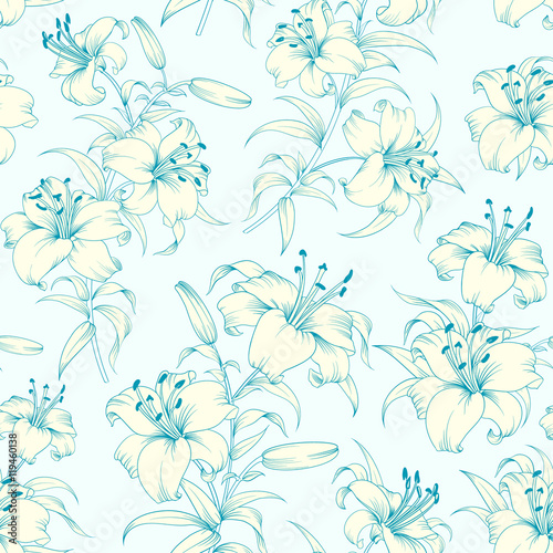 Lily flower seamless pattern with white lilies over blue background. Floral background in vintage style.