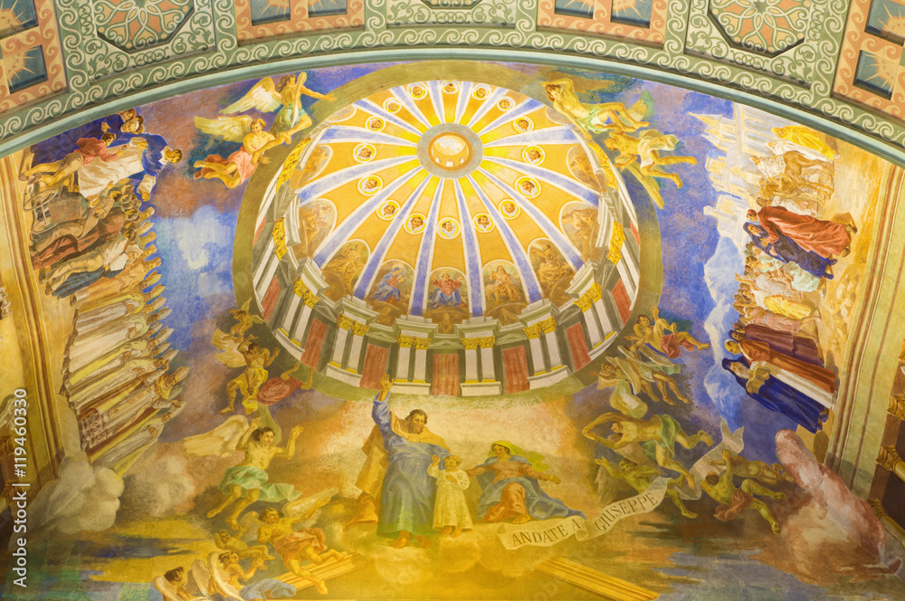 ROME, ITALY - MARCH 10, 2016: The St Joseph the Patron of the Universal Church ceiling fresco (1957-1965) in church Basilica di Santa Maria Ausiliatrice by Salesian priest and Don Giuseppe Melle.