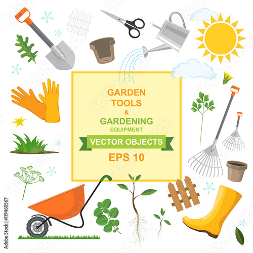 Vector illustration icon set of different kind gardening tools, equipment, vegetables and plants