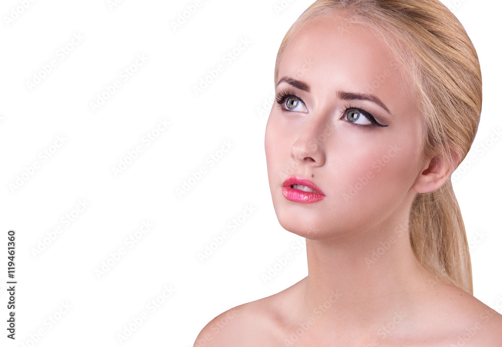 Beauty Woman face Portrait. Beautiful model Girl with Perfect Fresh Skin. Portrait of beauty young blond girl with pink lips. Copy space. isolated on white Beauty Woman face Portrait. Beautiful model Girl with Perfect Fresh Skin. Portrait of beauty young blond girl with pink lips. Copy space. isolated on white