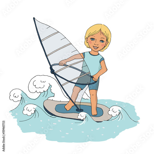 The dear smiling child rides on waves a board for windsurfing.