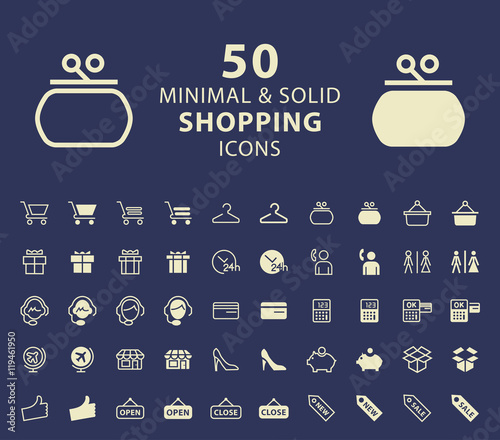 Set of 50 Shopping Minimal and Solid Icons. Vector Isolated Elements.