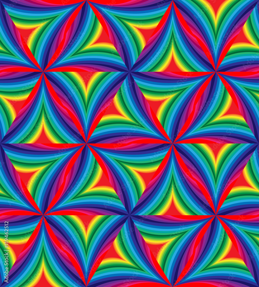 Seamless Pattern of Colorful Striped Curved Triangles. Geometric Abstract Background. Suitable for textile, fabric, packaging and web design. Vector Illustration. Seamless Pattern of Colorful Striped Curved Triangles. Geometric Abstract Background. Suitable for textile, fabric, packaging and web design. Vector Illustration.