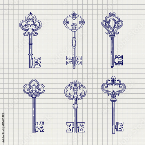 Set of hand drawn ornamental keys. Sketch on the notebook page, vector illustration