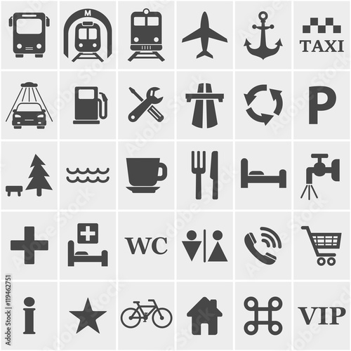 Travel icons set. Different grey travel signs for design. Transport location symbol. Vector isolated illustration.