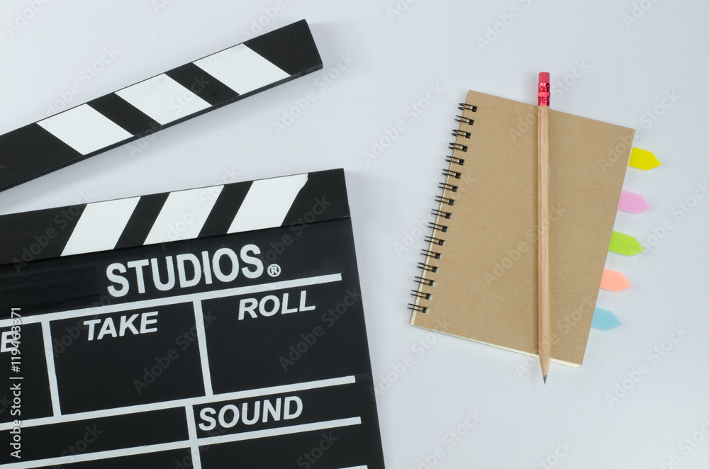 Slate film and notebook white background
