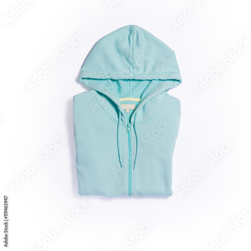 Mint color hoodie top view on white background