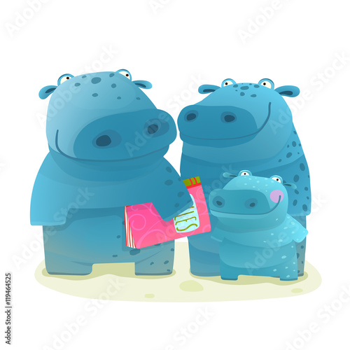 Hippo Family Mother Father and Kid with Book
