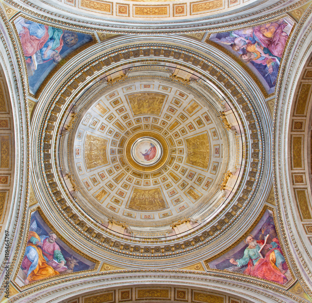 ROME, ITALY - MARCH 12, 2016: The cupola in church Chiesa di Santissima Trinita dei Pellegrini with the frescoes of the four evangelists by Giovanni Battista Ricci nicknamed Novara (1537 -1627).