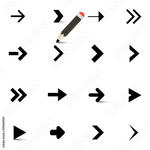 Arrows Icons Set with Pencil Isolated on White Background