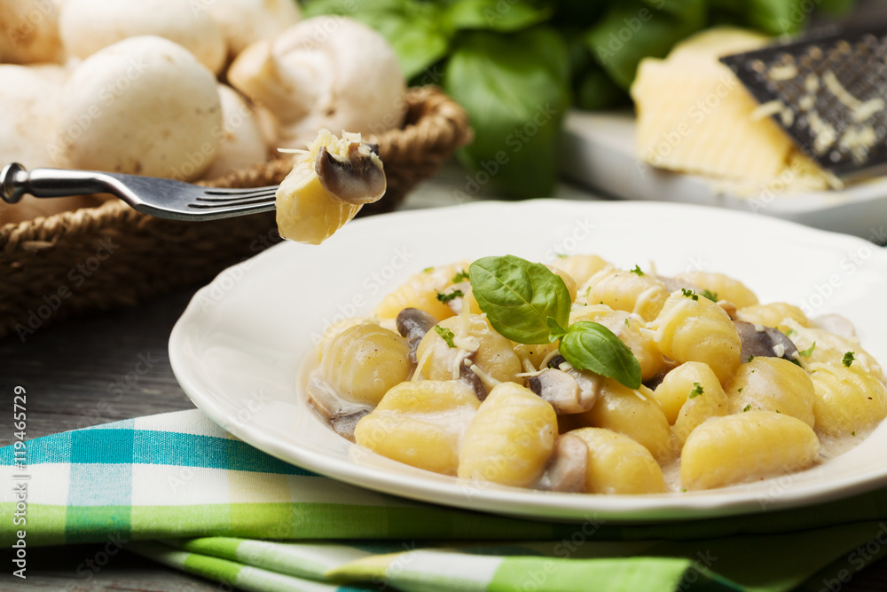 Portion of gnocchi with mushroom sauce and cheese. Portion of gnocchi with mushroom sauce and cheese.