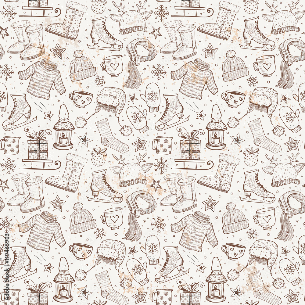 Seamless pattern with winter elements. Warm clothes, uggs, sleigh, candles, stars and other objects. Can be used for wallpaper, pattern fills, textile, web page background. Seamless pattern with winter elements. Warm clothes, uggs, sleigh, candles, stars and other objects. Can be used for wallpaper, pattern fills, textile, web page background.