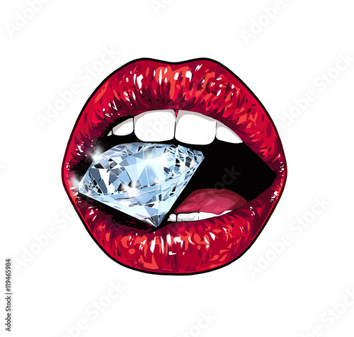 Bright lips holding a sparkling brilliant. Realistic graphic illustration. Beautiful lips are isolated on a white background