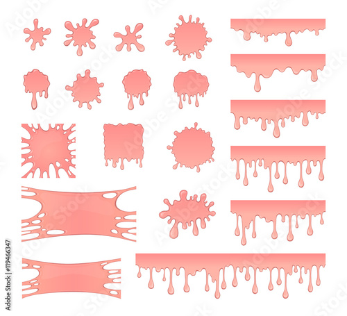 Set of bubble gum splashes. Vector collection of splatter pink liquid, drops and stain. Abstract blobs isolated on white background. photo