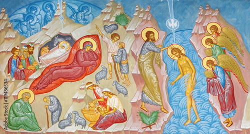BRUGGE, BELGIUM - JUNE 13, 2014: Fresco of the Nativity scene and Baptism of Christ scene in st. Constanstine and Helena orthodx church (2007 - 2008).