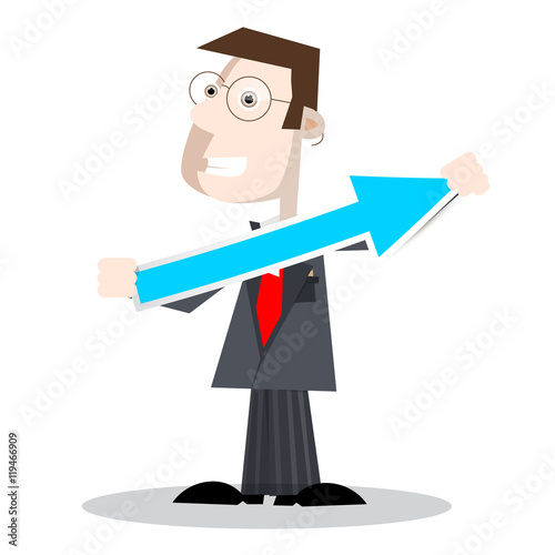 Man in Suit Holding Paper Arrow. Vector Business Success Symbol.