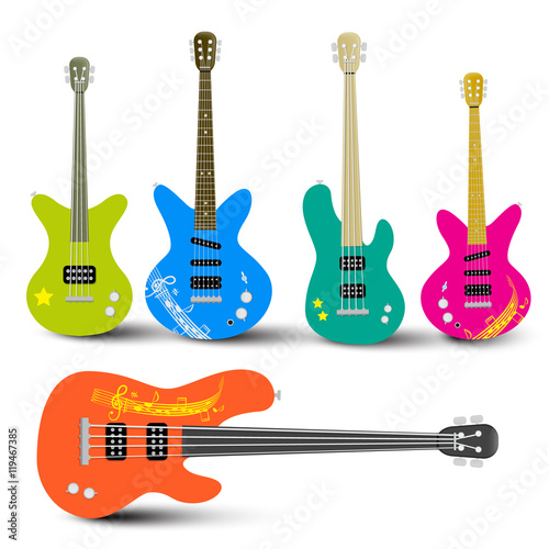 Guitars and Bass Guitars Set. Abstract Musical Instruments Illustration.