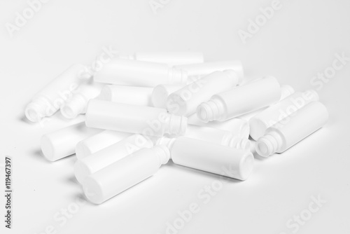 Blank white plastic cosmetics bottles set, isolated on white background
