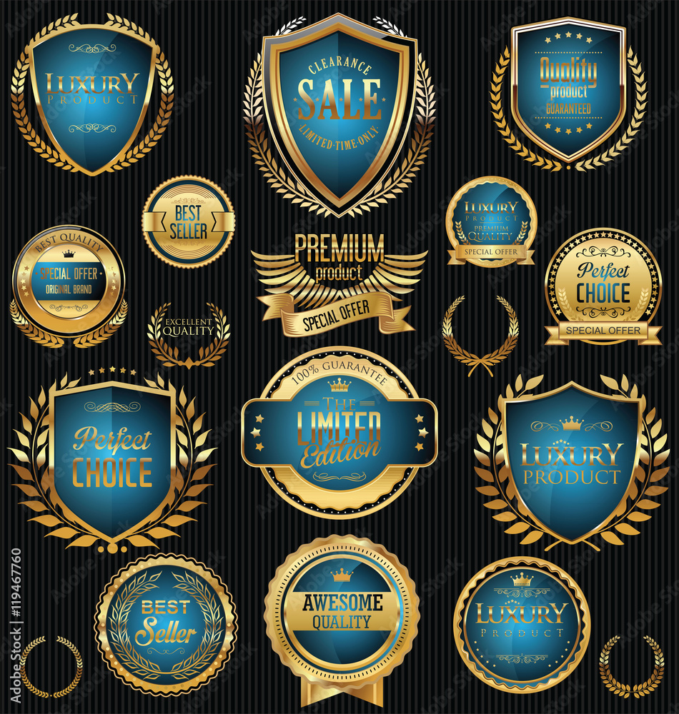 Golden sale shields laurel wreaths and badges collection 