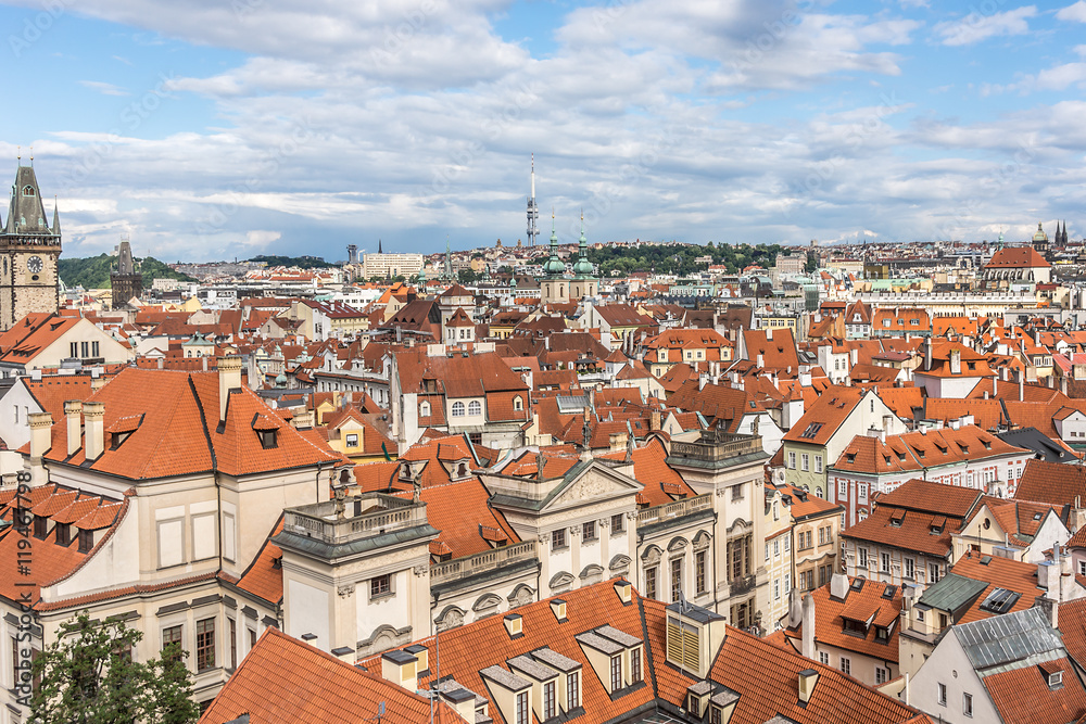 Aerial view: Traditional red roofed Houses in Prague. Czech Rep.