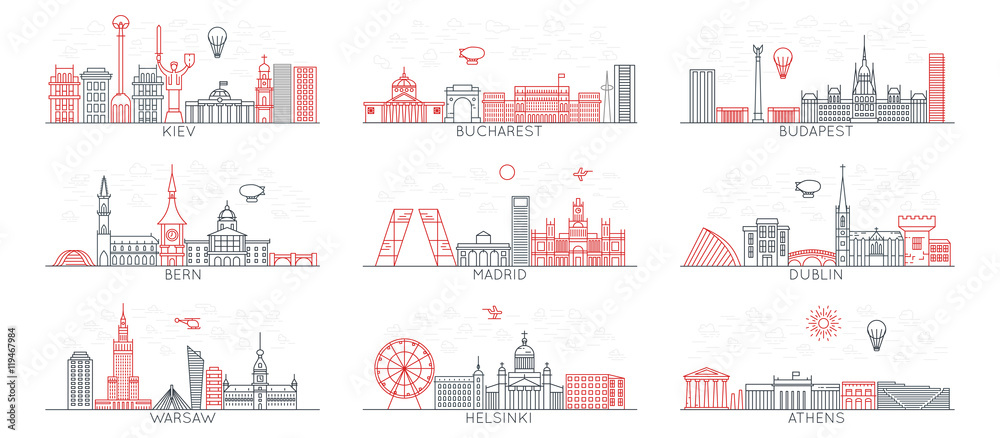Obraz premium linia wektorowe ikony miasta. Zestaw Europy Wschodniej