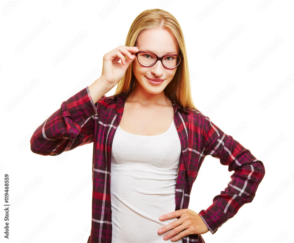 Junge Frau mit Hornbrille Stock Photo | Adobe Stock
